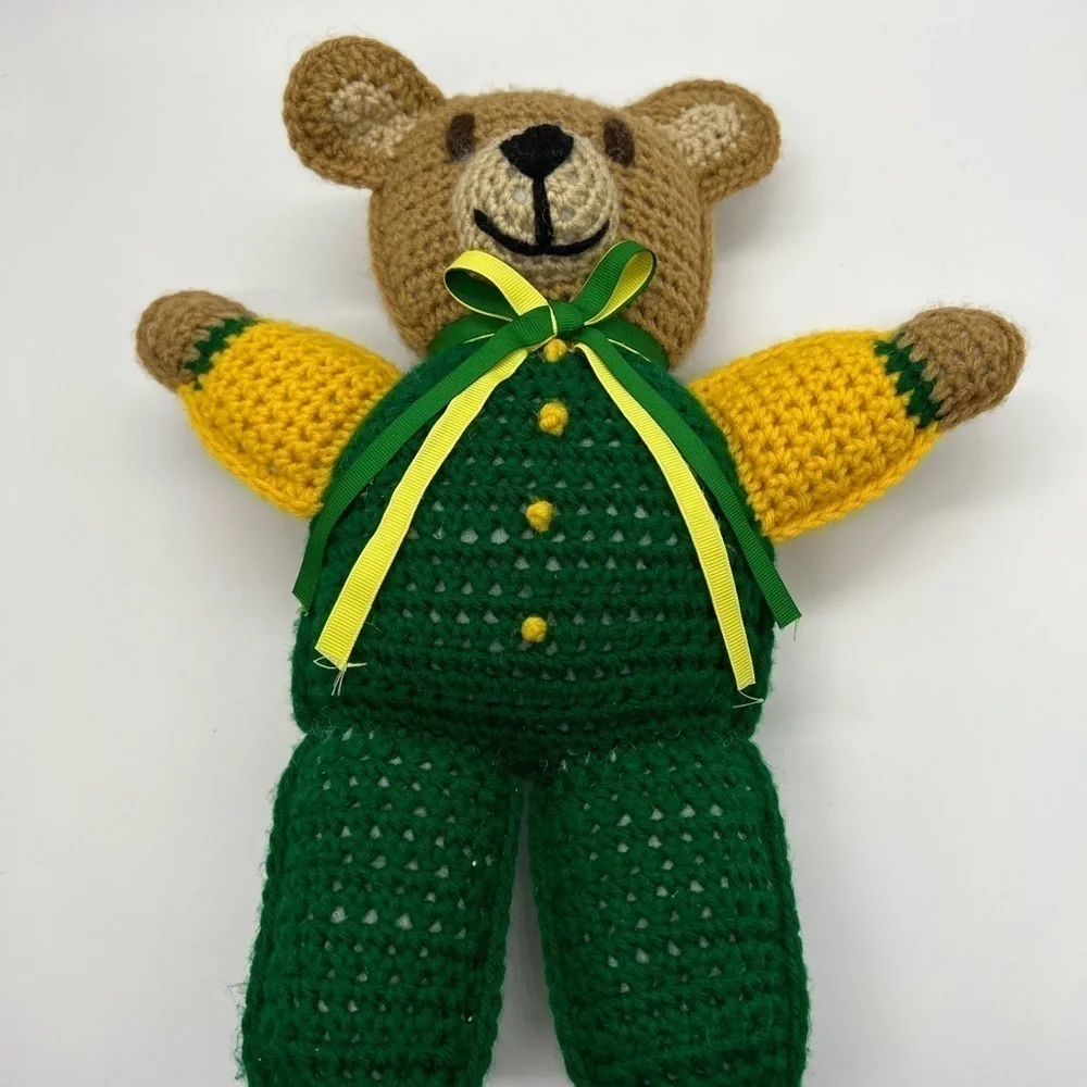 ADORABLE CROCHETED TEDDY BEAR I. GREEN AND BRIGHT YELLOW